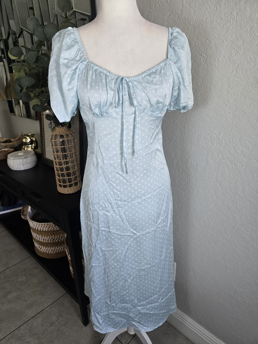 Francesca's Mi Ami Women's Mint Polka Dot Puff Sleeves Midi Dress S